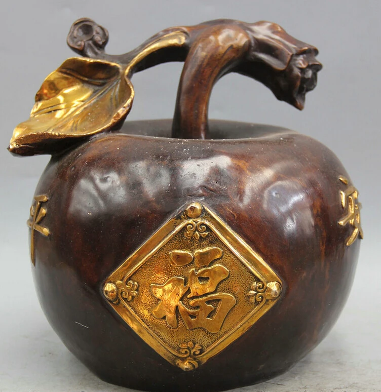 

150610 S1322 10" Chinese Bronze Gild Folk Wealth Fu Gui Safety Fruit fruitage fruitery Apple