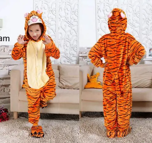 Детские пижамы кигуруми с изображением животных и панды; Детские фланелевые пижамы с рисунком единорога для мальчиков и девочек; вечерние пижамы для костюмированной вечеринки; пижамы для подростков - Цвет: Tiger