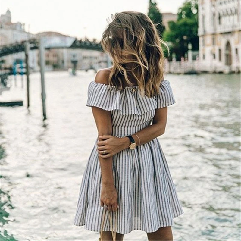2017 New Women Summer Striped Off Shoulder Party Dress Ladies Club Sexy Beach Casual Mini Dresses Vestidos Free Shipping