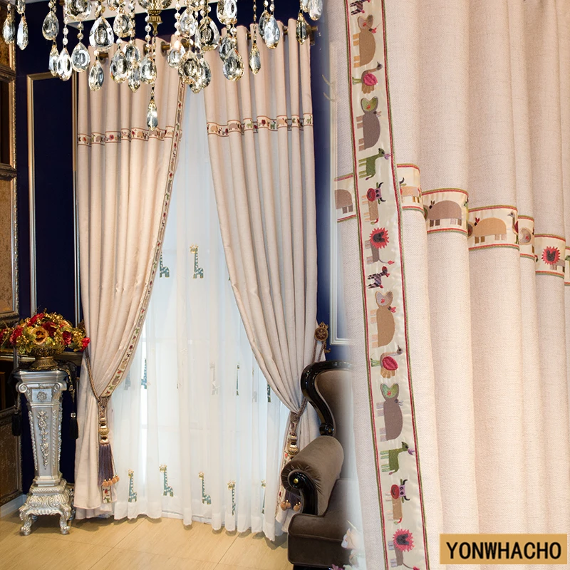 

Custom curtains Children's room lion bird animal pattern cotton linen embroidered white cloth blackout curtain tulle drapes N594