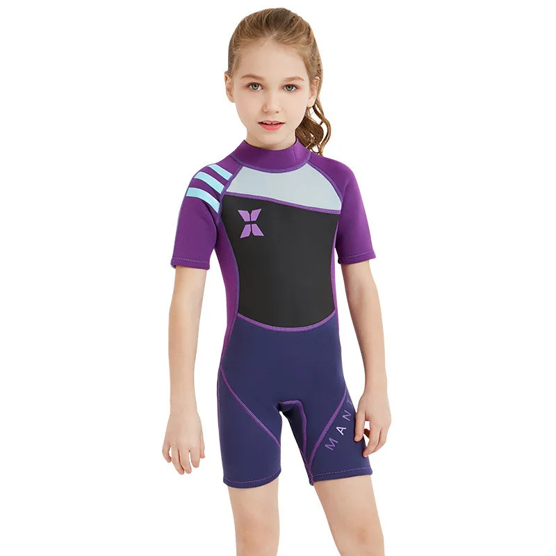

New children's diving suit 2.5MM Siamese short-sleeved warm sunscreen wetsuit girls swimwear for the four seasons