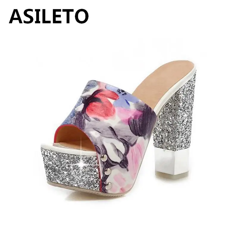 

ASILETO summer women mules clogs high heel sandals platform shoes bling glitter handmade slippers casual stripe sandals QL5352