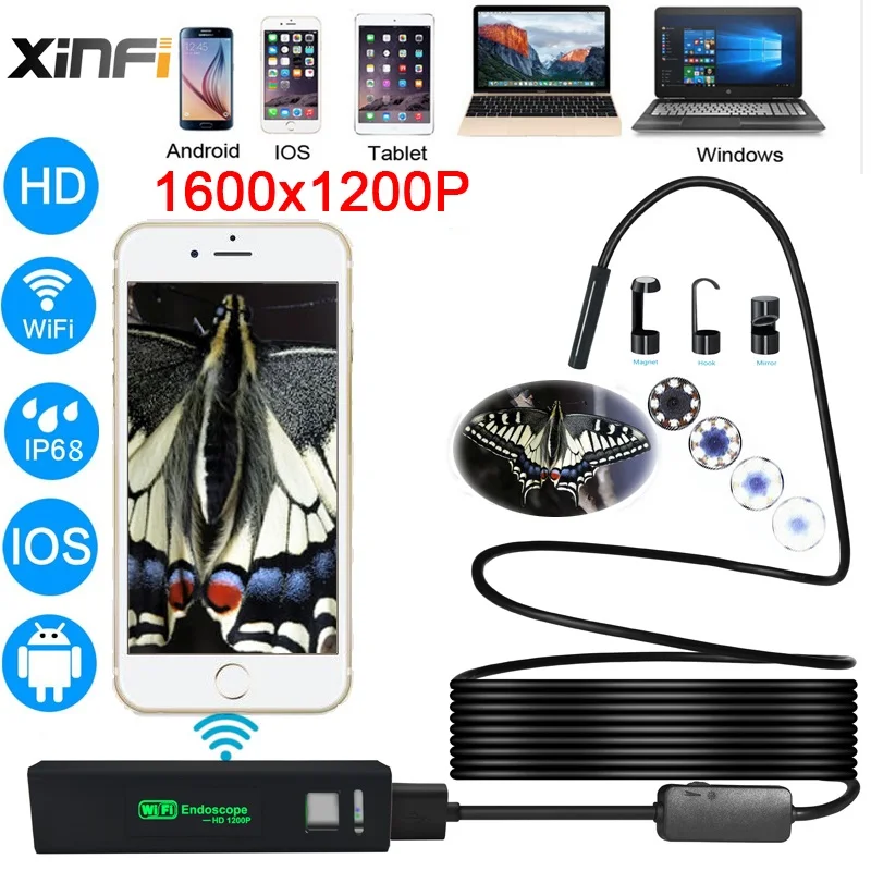 

XIFICAM Wifi Endoscope 8mm 1200P HD for Android iOS iphone Soft Cable Wire pipe camera Snake Camera car inspection endoscopic