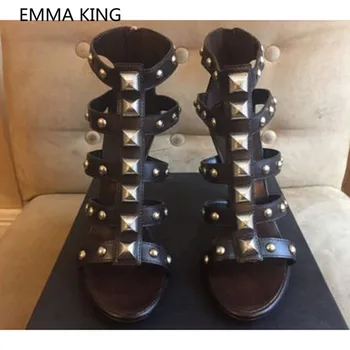 

Punk Style Black Leather Women Gladiator Sandals Open Toe Cut-Out High Heels Ladies Summer Ankle Boots Woman Sexy Gothic Shoes