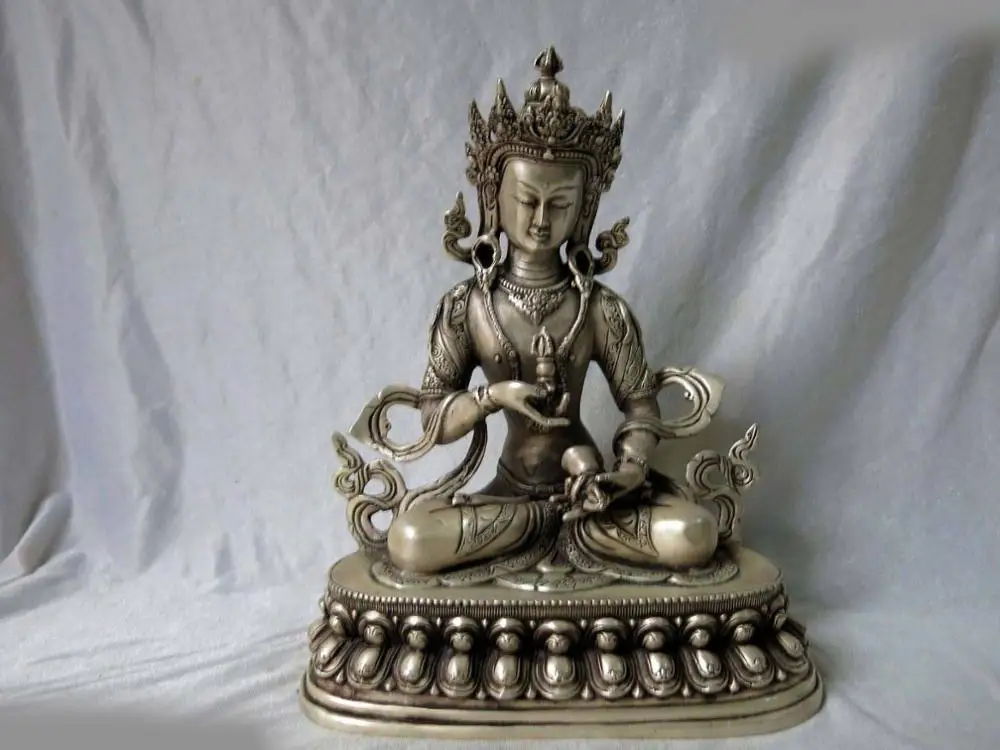 

12" China silver Lotus seat sheep Buddhism Bell buddha Sculpture Statue