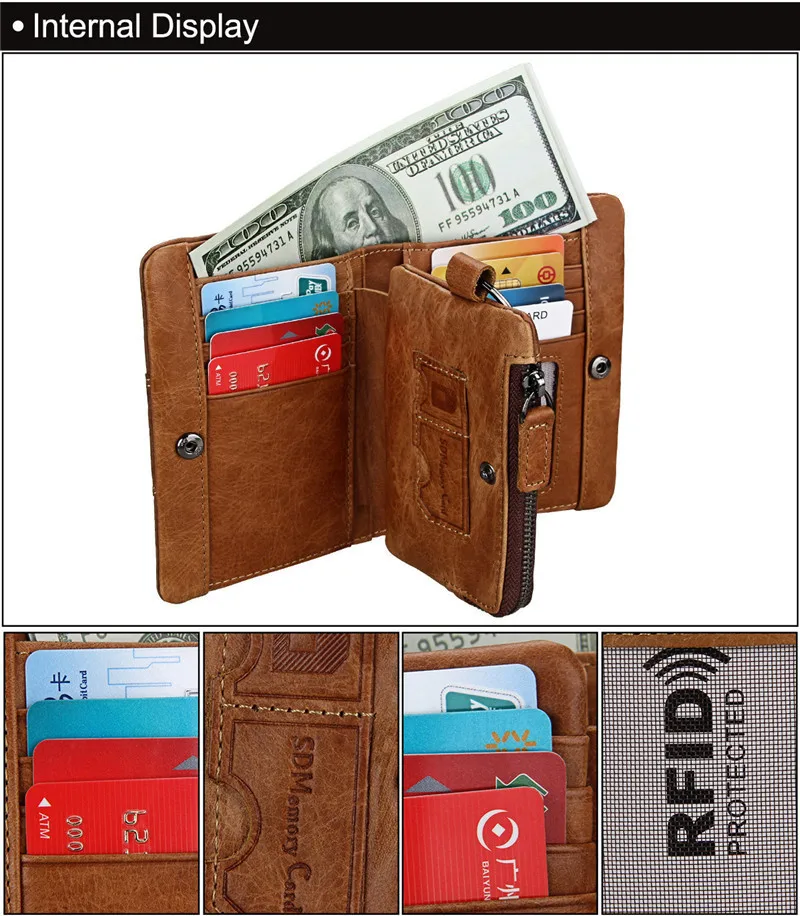 Винтажный Мужской кошелек из натуральной кожи RFID с карманом для монет, Короткие Кошельки, маленький кошелек на молнии с держателями для карт, мужской кошелек
