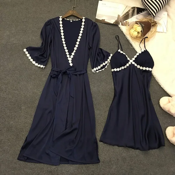 Lisacmvpnel, 2 шт., сексуальный женский халат на бретельках с чашкой, ночная рубашка+ халат, женские пижамы, элегантная женская домашняя одежда - Цвет: Navy