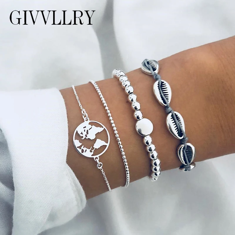 

GIVVLLRY 4 pcs/Set Metal Shell Bracelets for Women Elegant World Map Charm Delicate Silver Beaded Bracelets Fashion Accessories