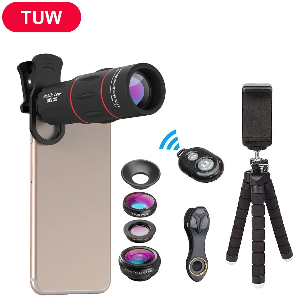 

mobile phone lens kit fisheye wide angle macro 18X telescope lens telephoto for iphone 7s/8 xiaomi huawei Samsung smartphones