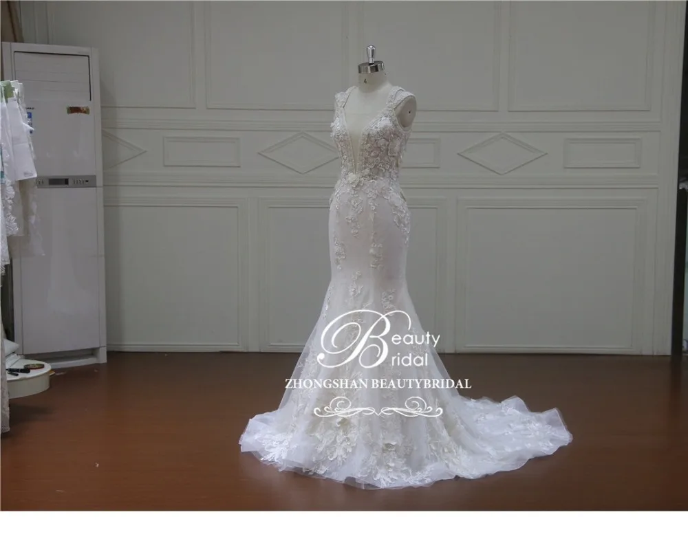 Свадебное платье с элегантным съемным воротником и шлейфом на заказ, кружевное свадебное платье с жемчугом без рукавов в стиле русалки, Vestido de Noiva XF17011