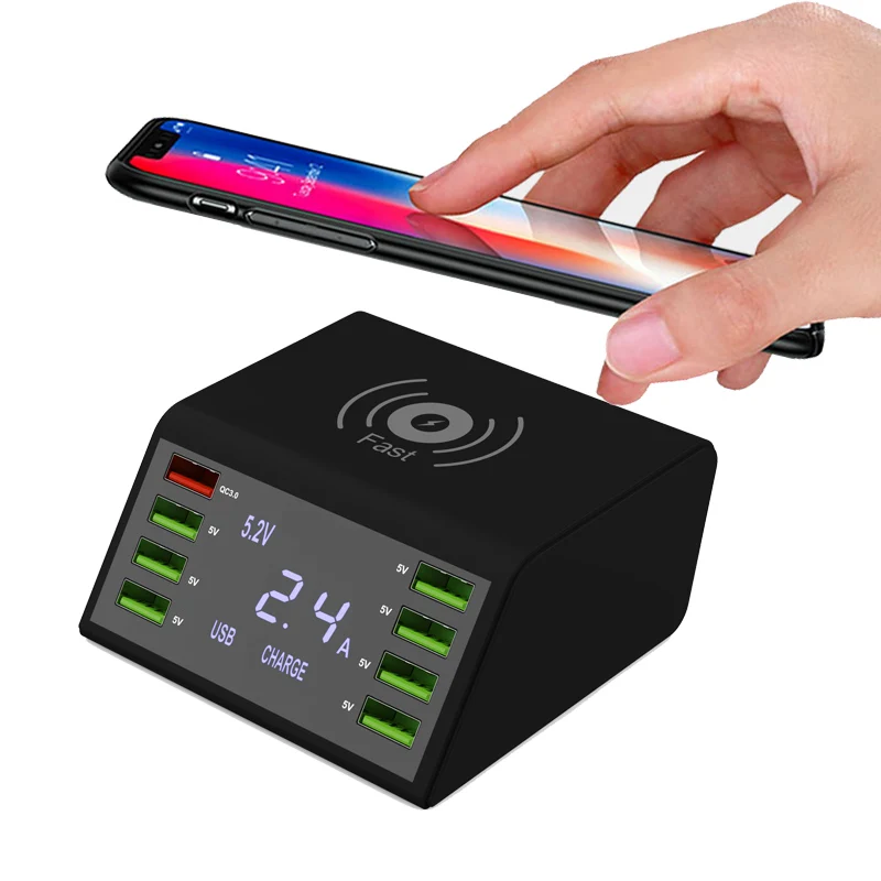 

USB Quick Charger 60W 8-Port LED Display Quick Charge 3.0 Fast Charger Desktop 10W wireless charger Station