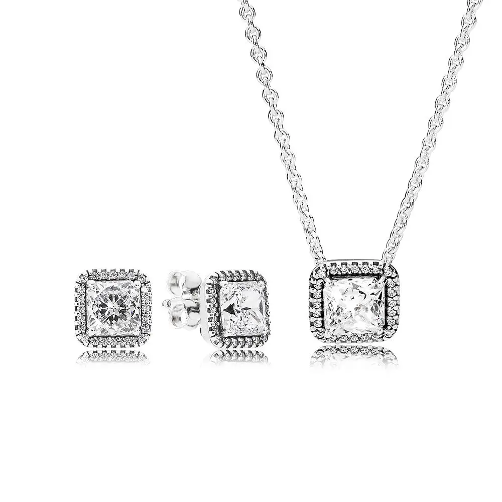 

100% 925 Sterling Silver Timeless Elegance Earring And Necklace Gift Set Original Clear CZ Fit Diy Jewelry