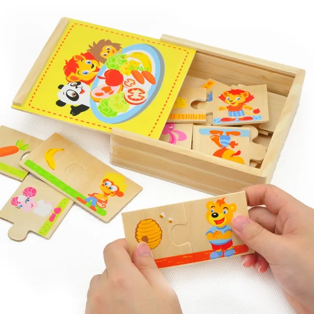 Montessori Puzzle Kayu Mainan Warna Warni Hewan Singa Kartun Beruang