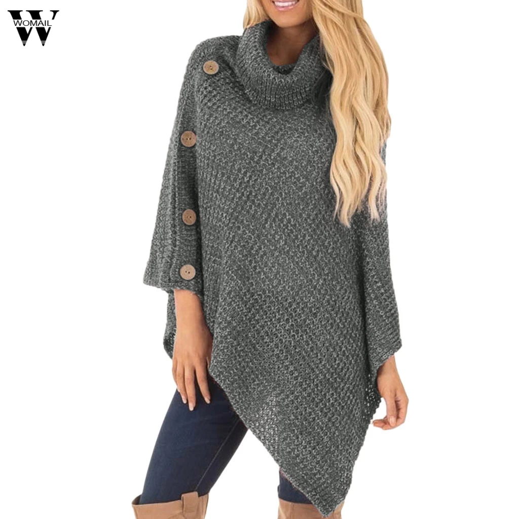 

Fashion Ladies Full Sleeve 2019 Women Knit Turtle Neck Poncho with Button Irregular Hem Sweater Hot Sale