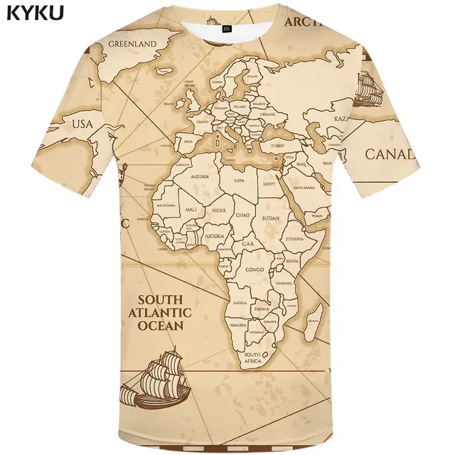 KYKU World Map T shirts Men Vintage T shirt 3d Sailboat Tshirt Homme Geometric Print Tshirts Casual Short Sleeve New Rock Man 3d t shirt 15