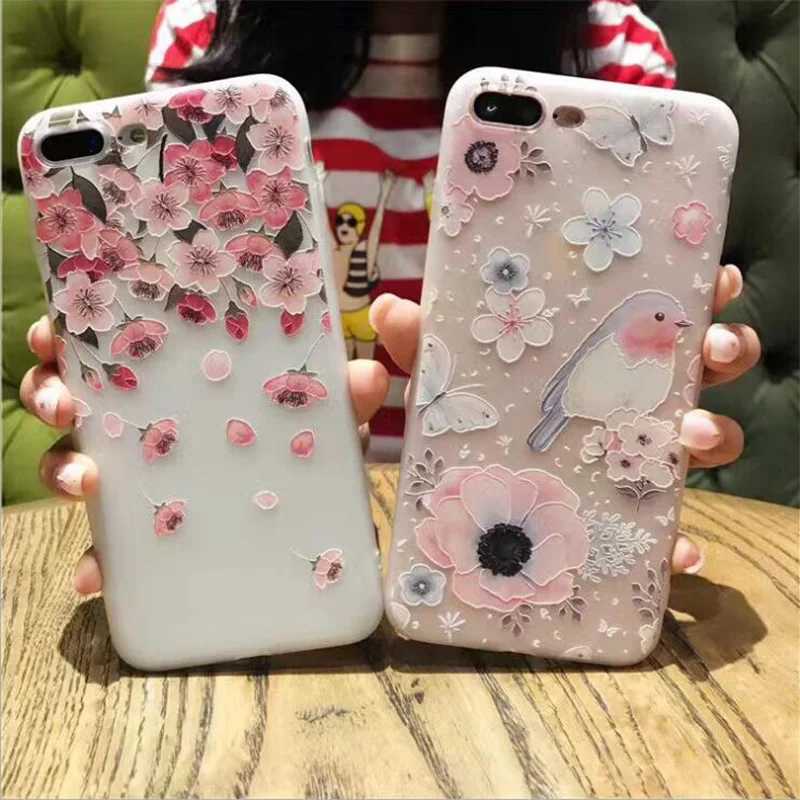 Fashion Beautiful Cherry Blossoms Flowers Pattern Phone Case for iphone 5 5s SE 6 6s Plus 7 7Plus TPU Fresh Bird Back Cover Bags |