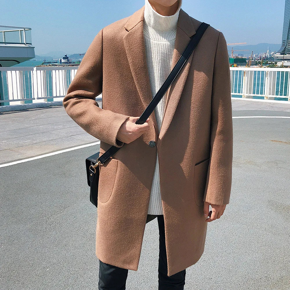 Casual Fashion Warm Men Long Wool Coat Wide waisted Turn