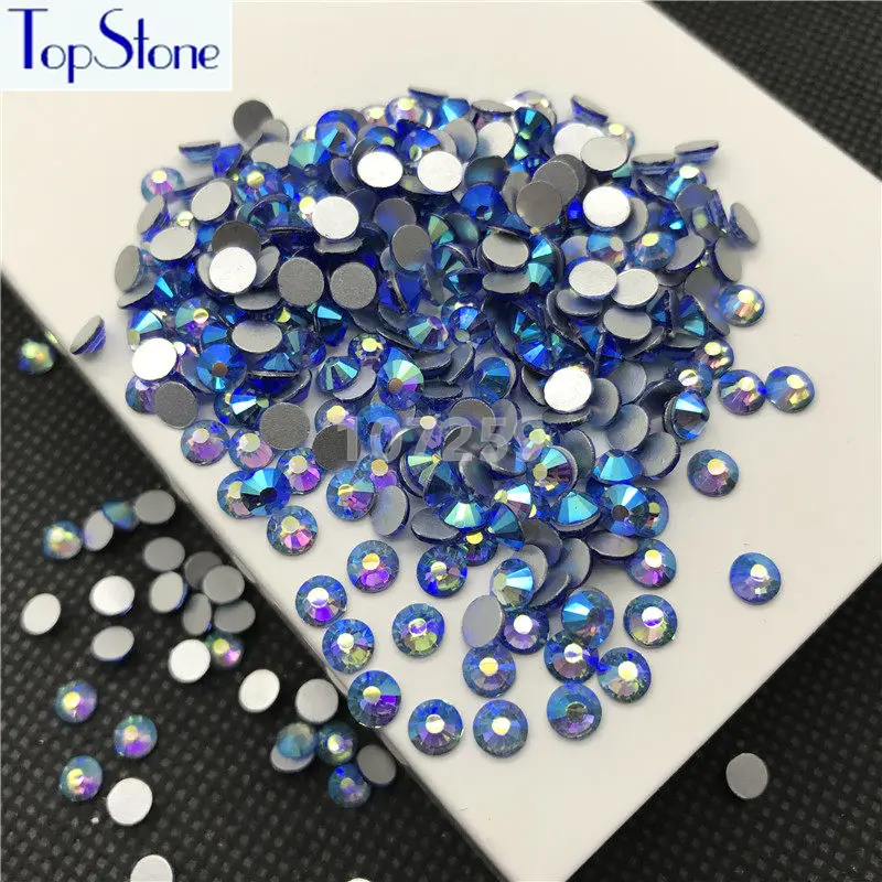 

TopStone Lt Sapphire AB Color ss3-ss30 Round Glass Crystal Flatbacks Nail Art 3D Stones Glue On Non Hotfix Rhinestones