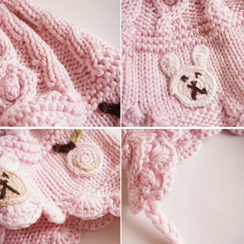 Cotton Knit Baby Girl Hat Sweet Princess Pink Earflap Cap Crocheted Autumn Winter Warm Bonnet With Cute Pompom Lovely Pattern Chinstrap Stay On (3)