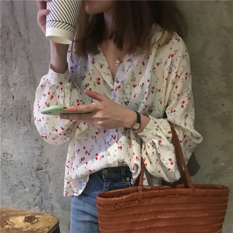

Women's Summer Blouses Korean Ulzzang Lovely Casual Loose Floral Chiffon Blouse Female Sweet Ins Chic Cute Top For Women Casual