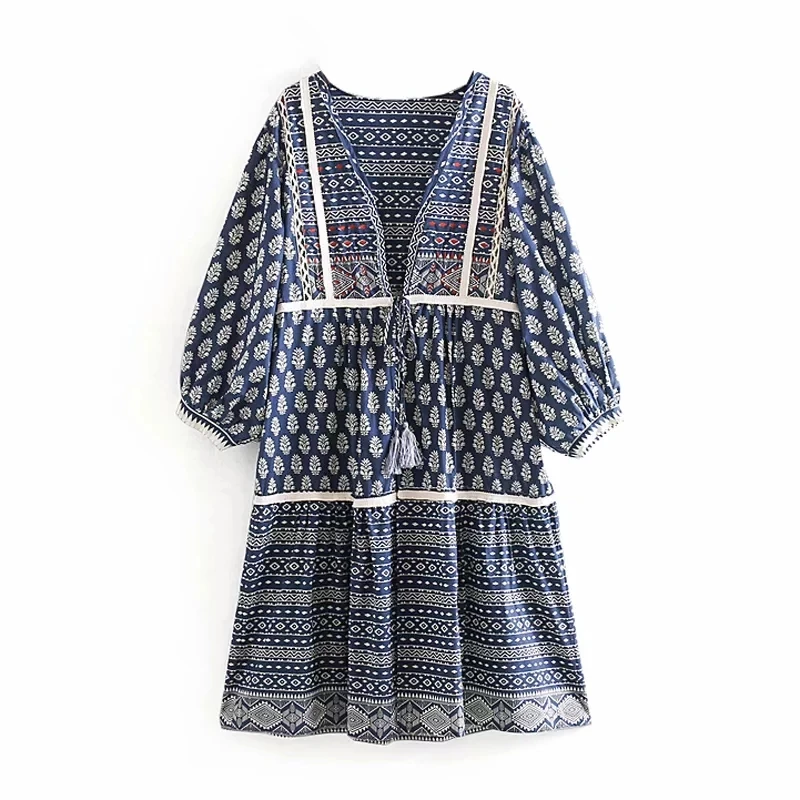 

Women Embroidery Tassel Dress 2019 Spring-autumn Floral Print Ladies Loose Dresses Boho Girls Chic Street-wear Dress Cotton 100%