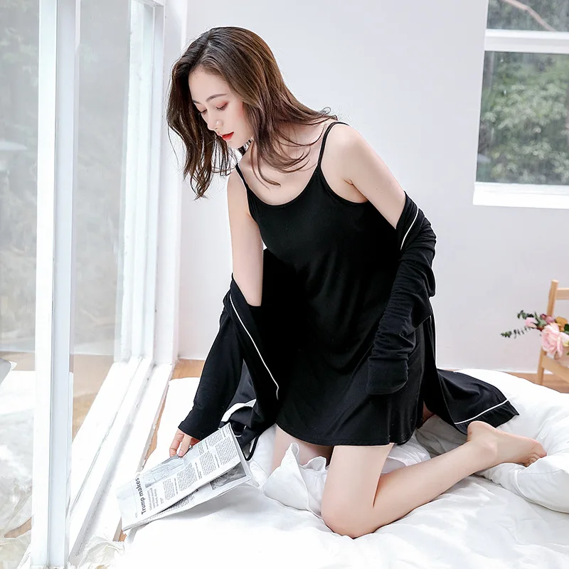 

Sexy black elegance dress robes gown sets pure cotton women pyjamas robes 2-piece sleep Spaghetti straps sleepdress women