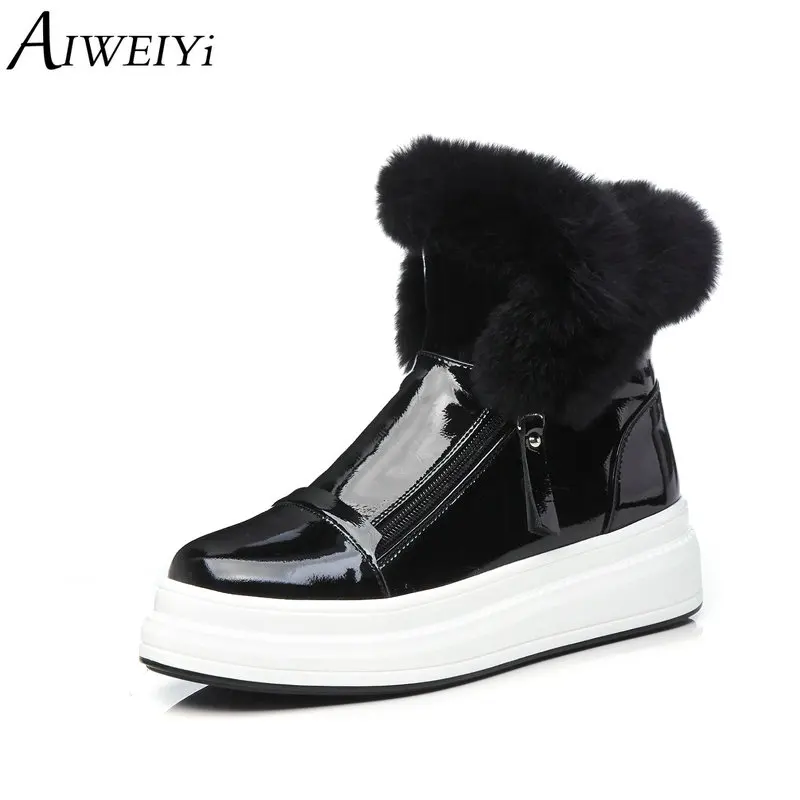 

AIWEIYi Patent Leather Ankle Boots for Women Black Round toe Flat Heels Short Boots Warm Winter Shoes