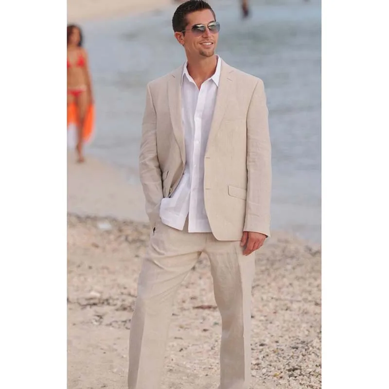 

Summer Champagne Linen Mens Suits 2017 2 Buttons Beach Wedding Prom Tuxedos Groom Wear Latest Blazer Design men suit Custom Made