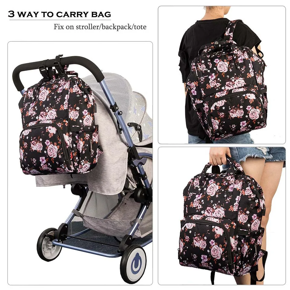 Цветочный розовый детский рюкзак для подгузников с Сухой Влажной сумкой большой отсек для мамы дорожная сумка для подгузников для ухода за ребенком