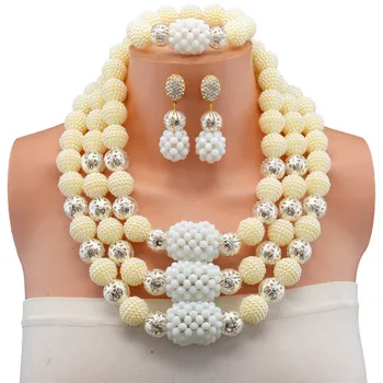 

Nigerian Wedding African Beads Jewelry Set Crystal White Sliver-color Ball Necklaces Earrings With Crystal Beads for Women