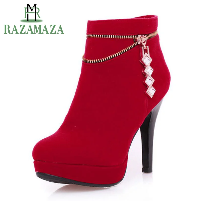 

ZALAVOR Plus Size 32-41 Women High Heel Ankle Boots Winter Warm Round Toe Botas Half Short Boot Footwear Shoes Lace Up