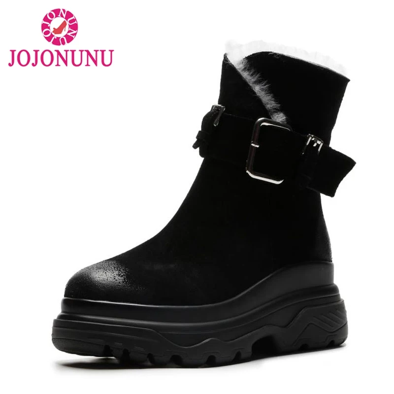 

JOJONUNU New Women Warm Ankle Boots Genuine Leather Shoes Women Winter Plush Fur Buckle Platform Wedges Snow Boots Size 34-40