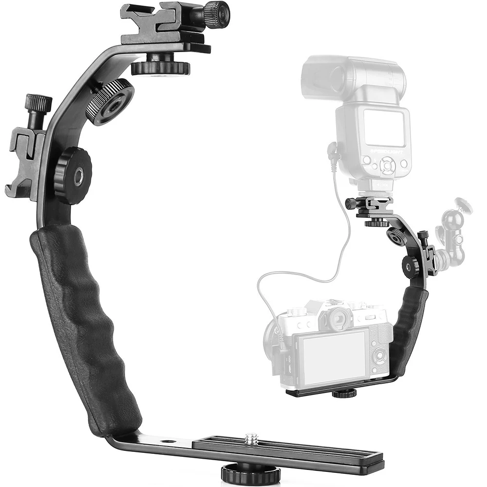Universal Flash Camera Grip L Bracket with 2 Standard Side Hot Shoe Mount for Flash DSLR Video Light Camcorder Holder Universal Flash Camera Grip L Bracket with 2 Standard Side Hot Shoe Mount for Flash DSLR Video Light Camcorder Holder
