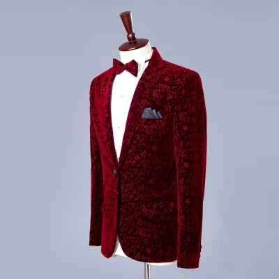 VEQWHDL Men Autumn Winter Wine Red Burgundy Velvet Floral Pattern Suit Jacket