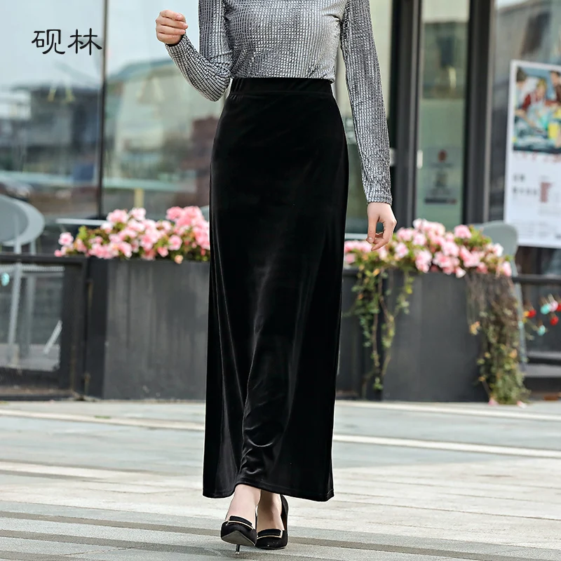 XS-10XL модные длинные макси прямые юбки для женщин эластичная высокая талия зимняя Заказная велюровая бархатная юбка