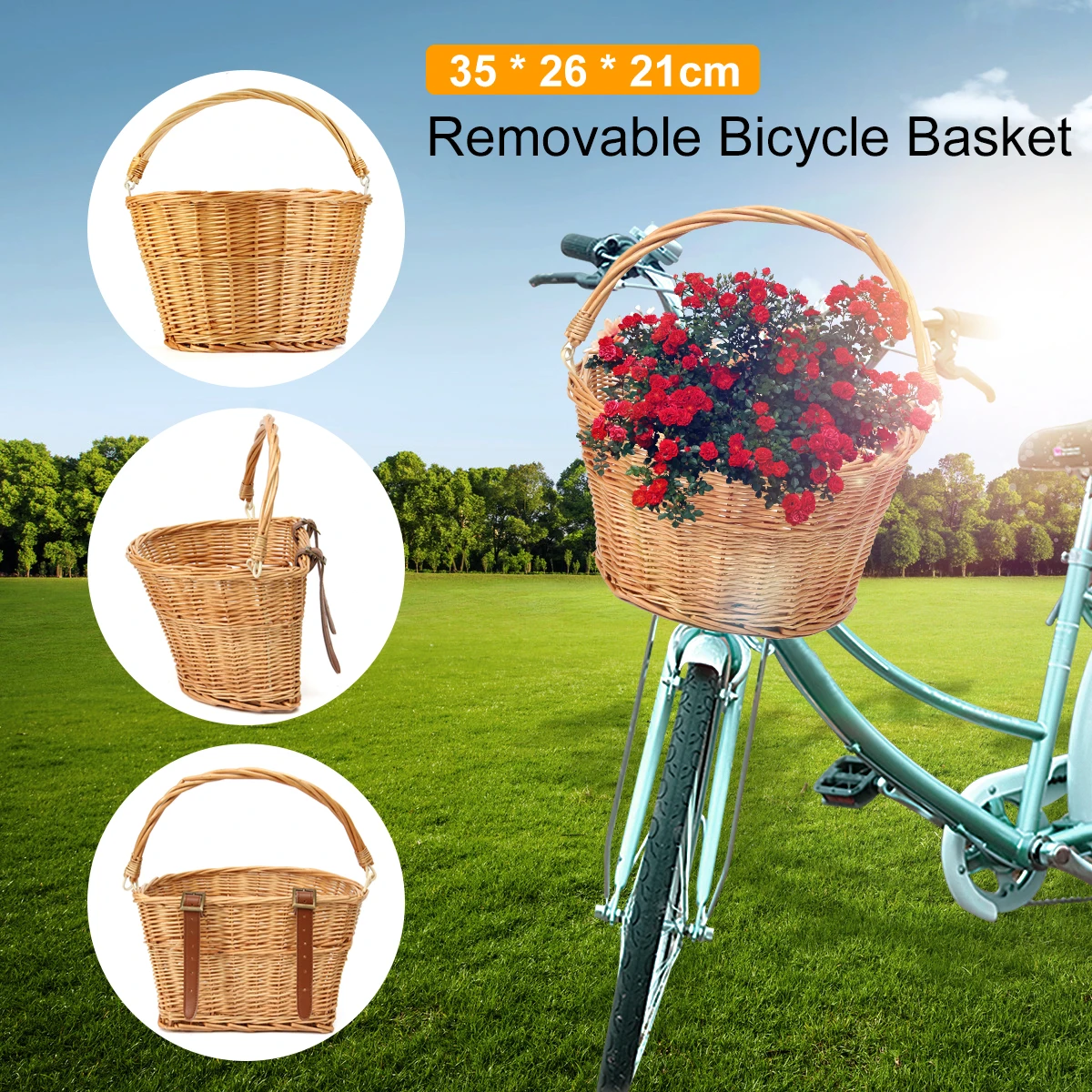 

New Arrival Vintage Wicker Bike Bicycle Front Basket Shopping Box Handlebar Leather Straps High Quality Outdoor Sports Accessory