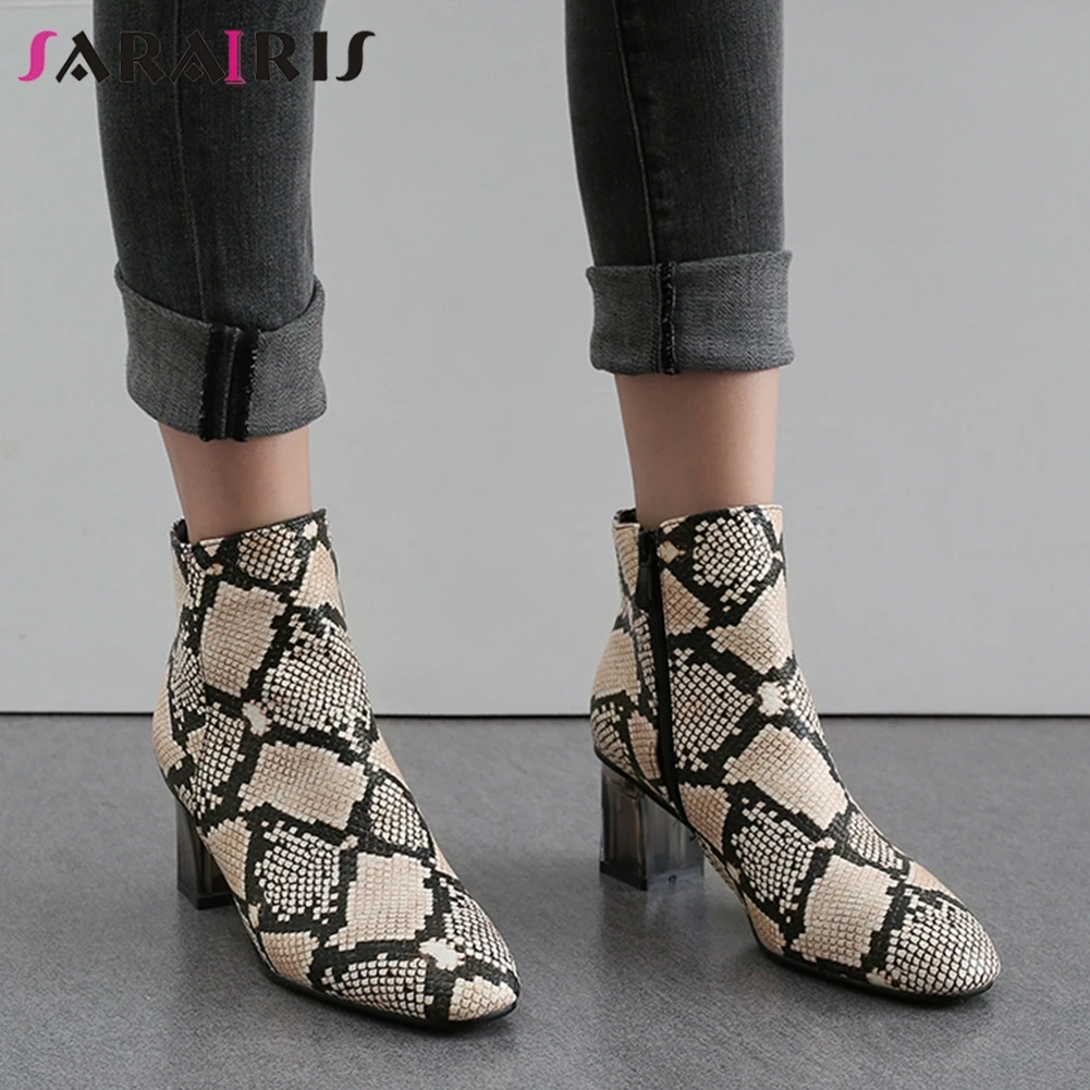 

SARAIRIS women's Ankle Boots Woman Fashion Quality Flock Square Heels Snake Prints Or Leopard Zippers Boots Plus Size 34-48