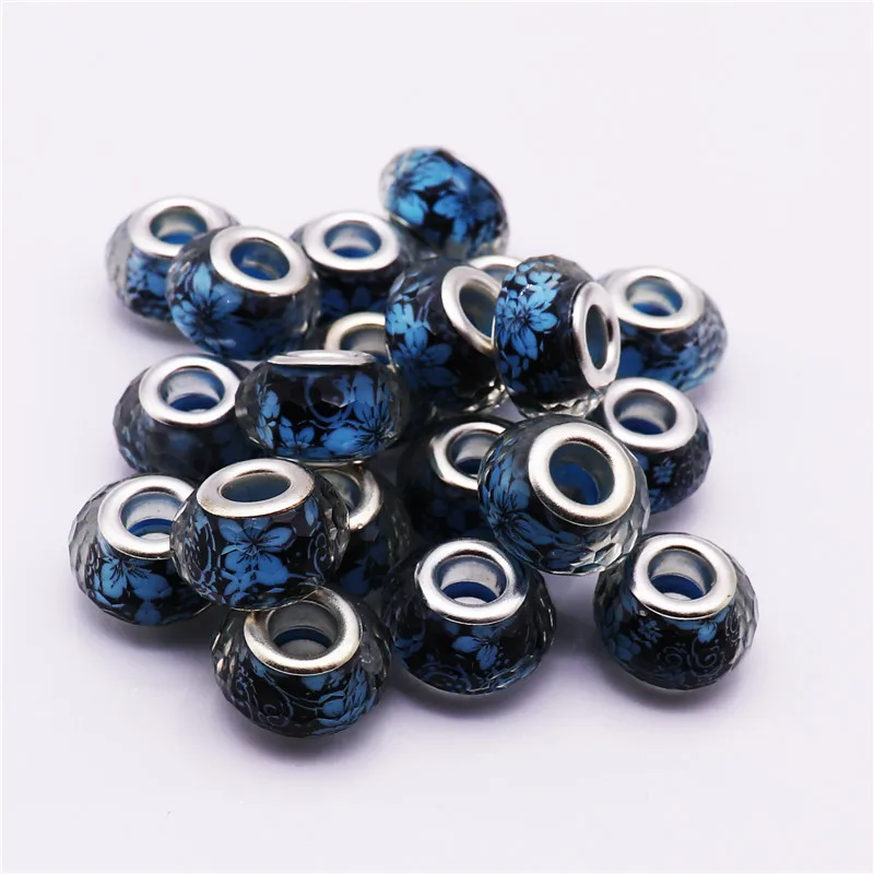 

50PCS Cut faceted Flower 925 Silver Plastic Resin Murano Spacer Beads Charms Fit For Pandora Bracelet DIY Jewelry Accessories
