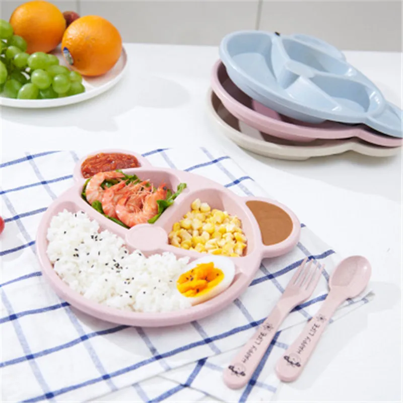 

High Quality Cartoon Bear Healthy Wheat Straw Lunch Box 3 Grid Bento Boxes Food Storage Box Dinnerware Lunchbox Cutlery