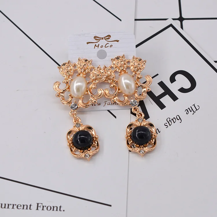 Classic Pearl Lion Head Long Earrings for women