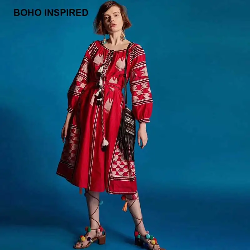 BOHO INSPIRED Ukraine dress tassels snap button embroidered linen