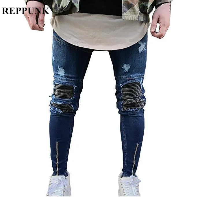 REPPUNK 2019 новая разрушенная уличная одежда в стиле хип-хоп Индивидуальные плиссированные патч Мужские байкерские джинсы swag молния
