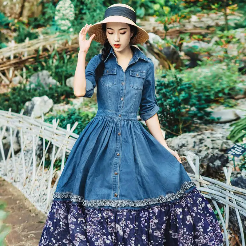 Linea Nuove Blu Lunghi Lolita Autunno Una Retro Dell'annata Cascading Vestiti Donne Vestito Di Stampa Donna Floreale Cuciture Denim Stile Increspato w8rqUw