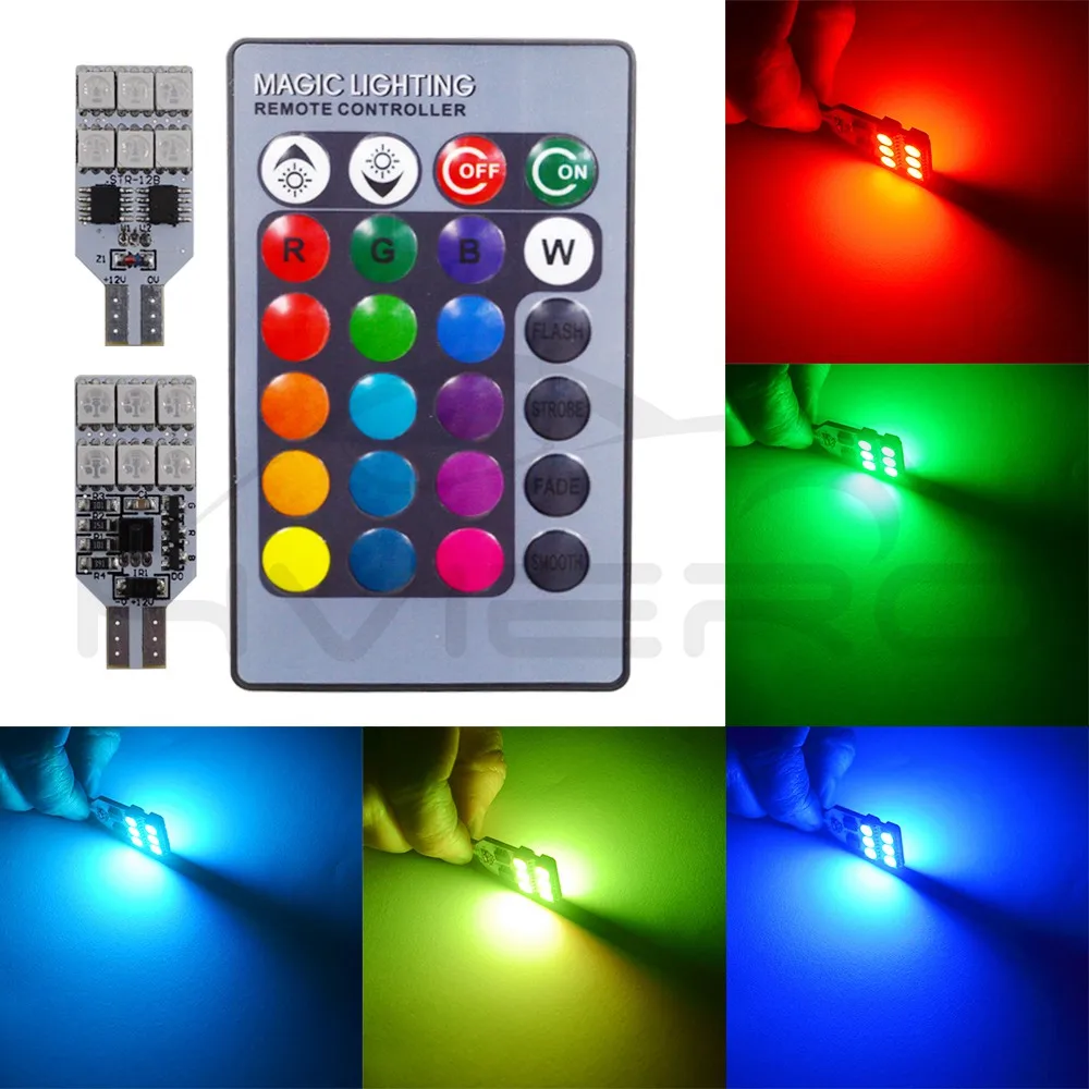 Us 4 24 19 Off 2x T10 Rgb 12 Smd Multi Colors Changing Led Lamp Bulb Colorful Auto Bulbs Car Interior Light Remote Control Festoon Dome Light In