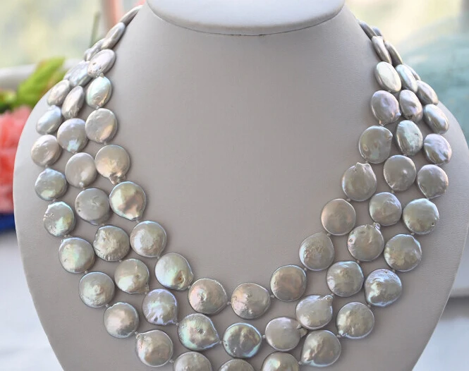 

huij 004352 3row 14mm gray coin freshwater pearl necklace