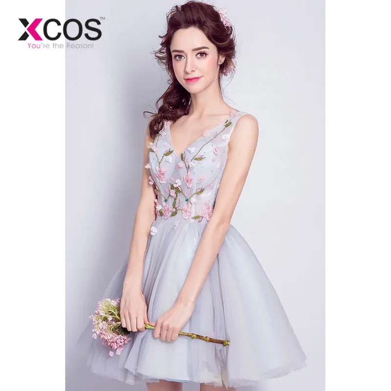 XCOS серые короткие платья для выпускного бала Платья с цветочным принтом Vestidos De
