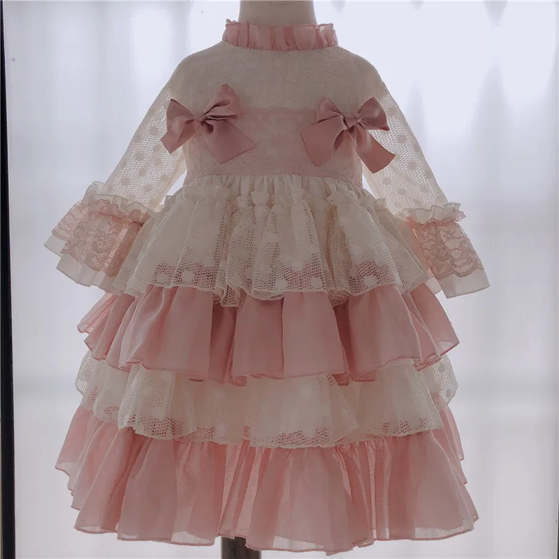 

Spanish Lace Cake tutu Dress Girls Bow Sweet Princess Dress Court Style Girl Dress Spring Baby Girl Christmas Party tutu Dress