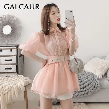 

GALCAUR Summer Sweet Shirt For Women Lapel Collar Lantern Sleeve Hollow Out Perspective Chiffon Blouse Female Fashion 2020
