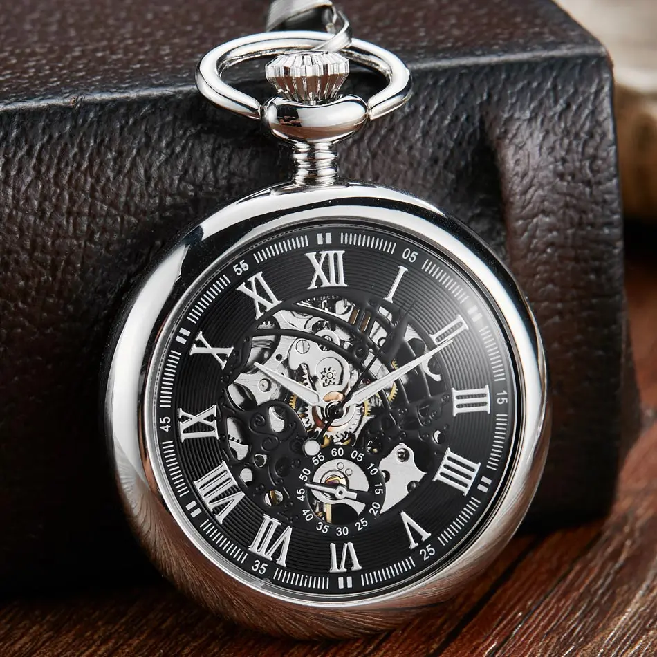 Steampunk Suave Relógio de Bolso Mecânico Relógios de Moda Masculina Marca de Luxo Mão Vento Colar Bolso & Fob Corrente Prata