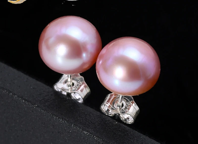 

Real AAA Pearl Earrings 10mm White Pink Purple Near Round Freshwater Pearl Stud Earrings for Women Gift
